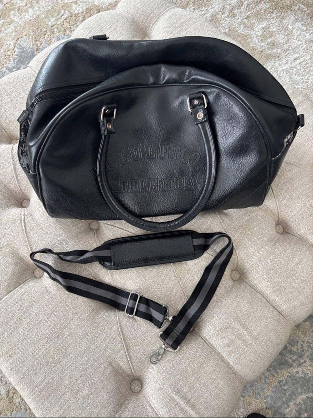lululemon athletica Black Travel Duffel Bag with Striped Shoulder Strap